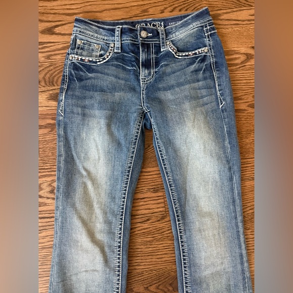 Grace In LA Women’s Western Steerhead Embroidered Flap Pckt Bootcut Jeans Sz 25 - Picture 3 of 9